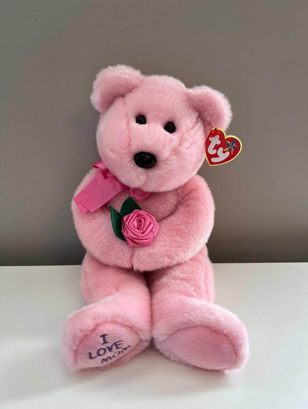 TY Beanie Buddy “Mom” the Pink Bear Holding a Rose (14 inch) Vintage Beanies
